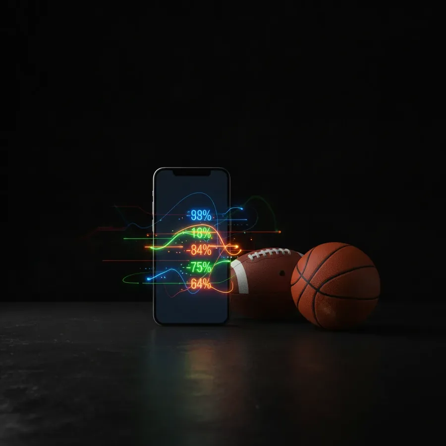 Smartphone with MrBit Casino odds charts next to an American football and a basketball