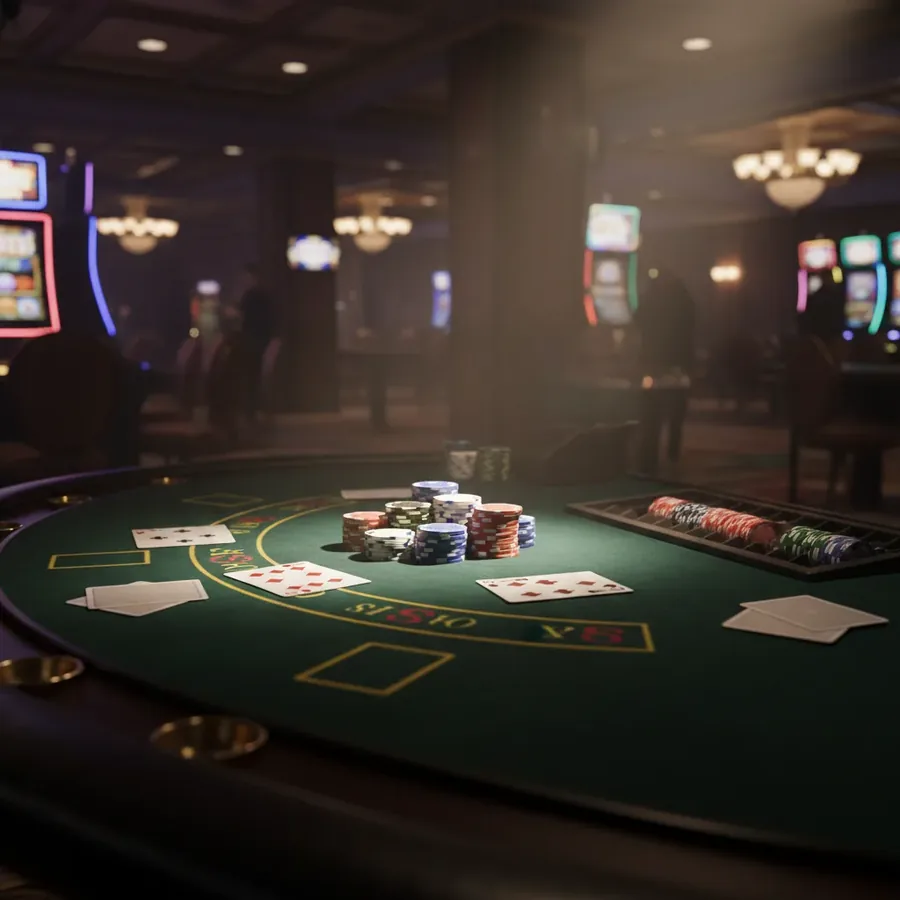 Blackjack table with cards and chip stacks in a dim casino hall at MrBit Casino