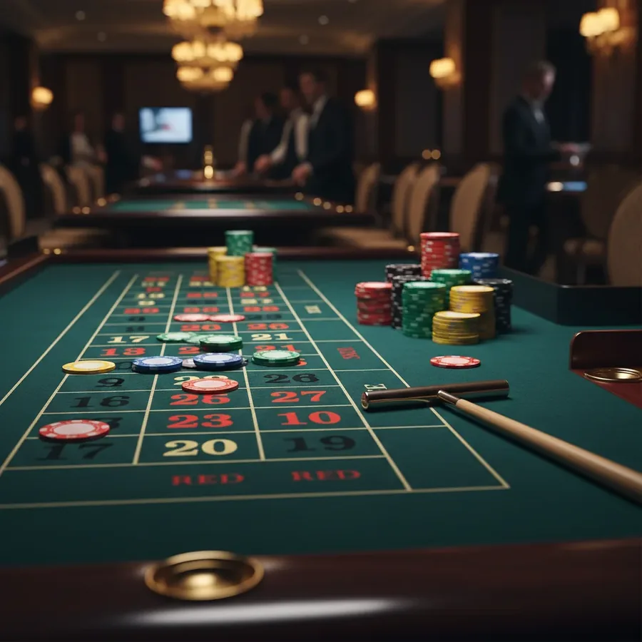 Chip stacks and a croupier's rake on the MrBit Casino roulette layout